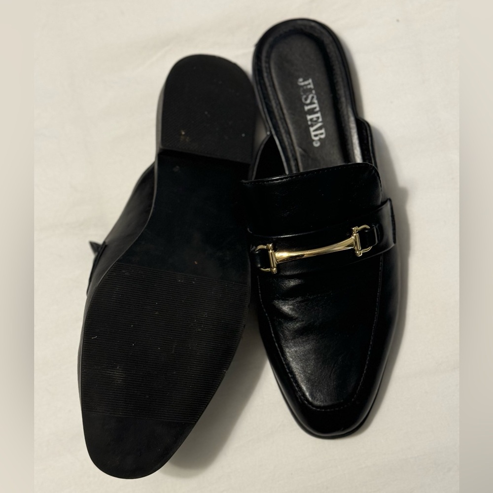 JustFab Black Mules with Gold Accent